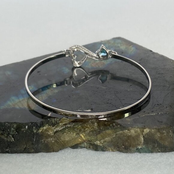 Sterling Silver 925 Prong Set Blue Topaz Heart Oval Hinged Bangle Bracelet 7" - Picture 7 of 16